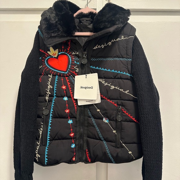 Desigual Kids Black Puffer Jacket with Colorful Heart Embroidery - Picture 8 of 10
